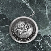 Men's 925 Sterling Silver Saint Christopher Round Antique Pendant Necklace, 25mm - US Jewels