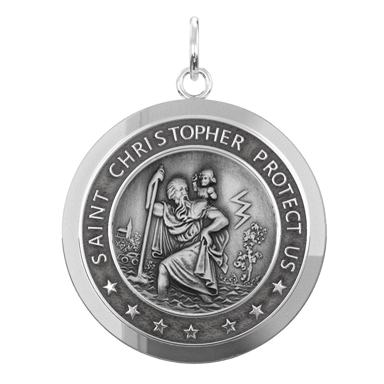 Men's 925 Sterling Silver Saint Christopher Round Antique Pendant Necklace, 25mm - US Jewels
