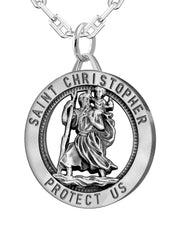 Men's 925 Sterling Silver Saint Christopher Round Antique Pendant Necklace, 25mm - US Jewels