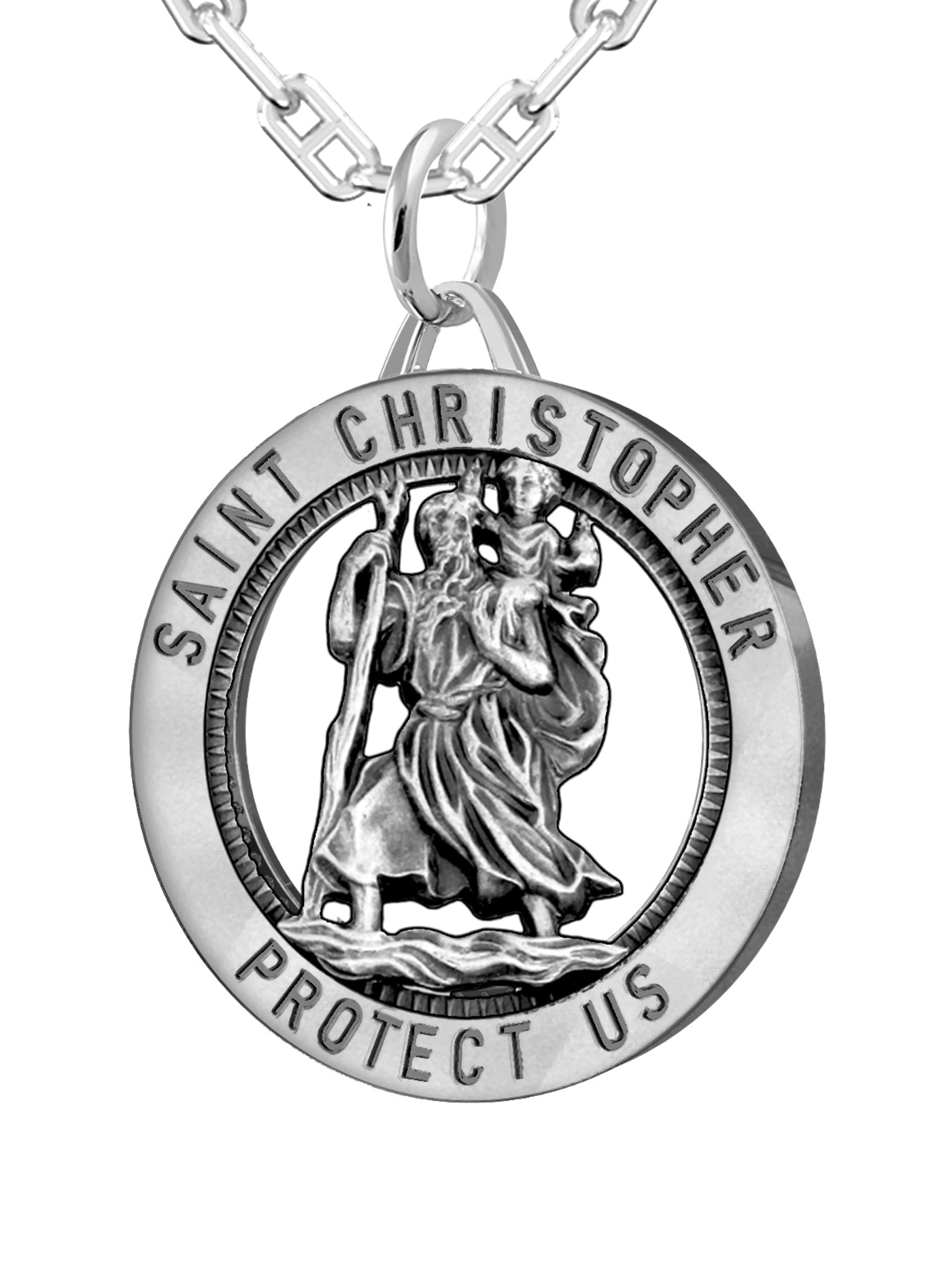 Men's 925 Sterling Silver Saint Christopher Round Antique Pendant Necklace, 25mm - US Jewels