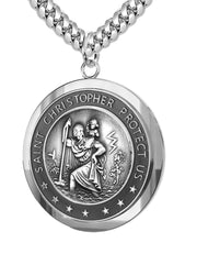 Men's 925 Sterling Silver Saint Christopher Round Antique Pendant Necklace, 25mm - US Jewels