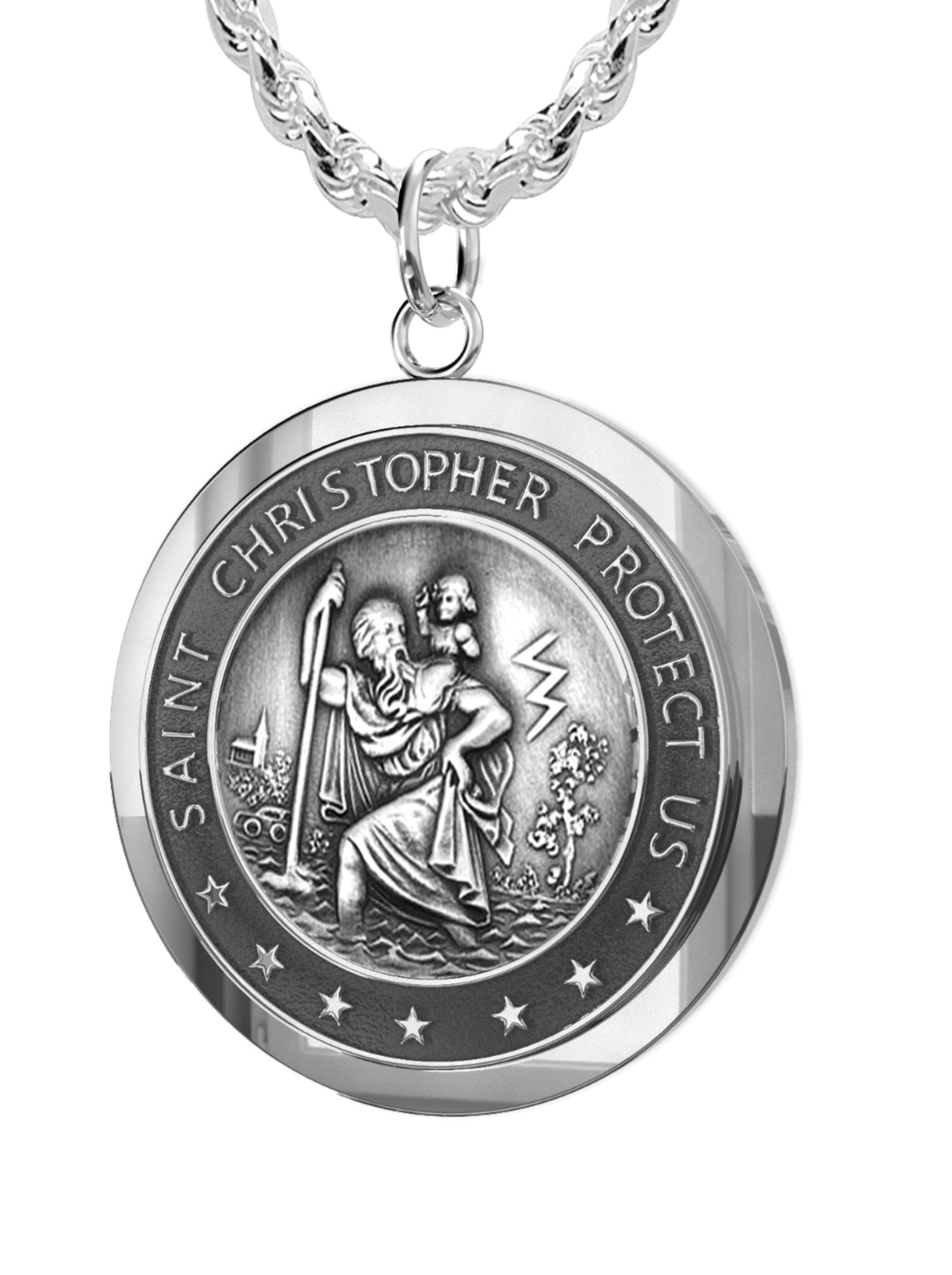 Men's 925 Sterling Silver Saint Christopher Round Antique Pendant Necklace, 25mm - US Jewels