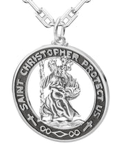 Men's 925 Sterling Silver Saint Christopher Round Antique Pendant Necklace, 28mm - US Jewels