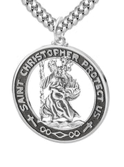 Men's 925 Sterling Silver Saint Christopher Round Antique Pendant Necklace, 28mm - US Jewels