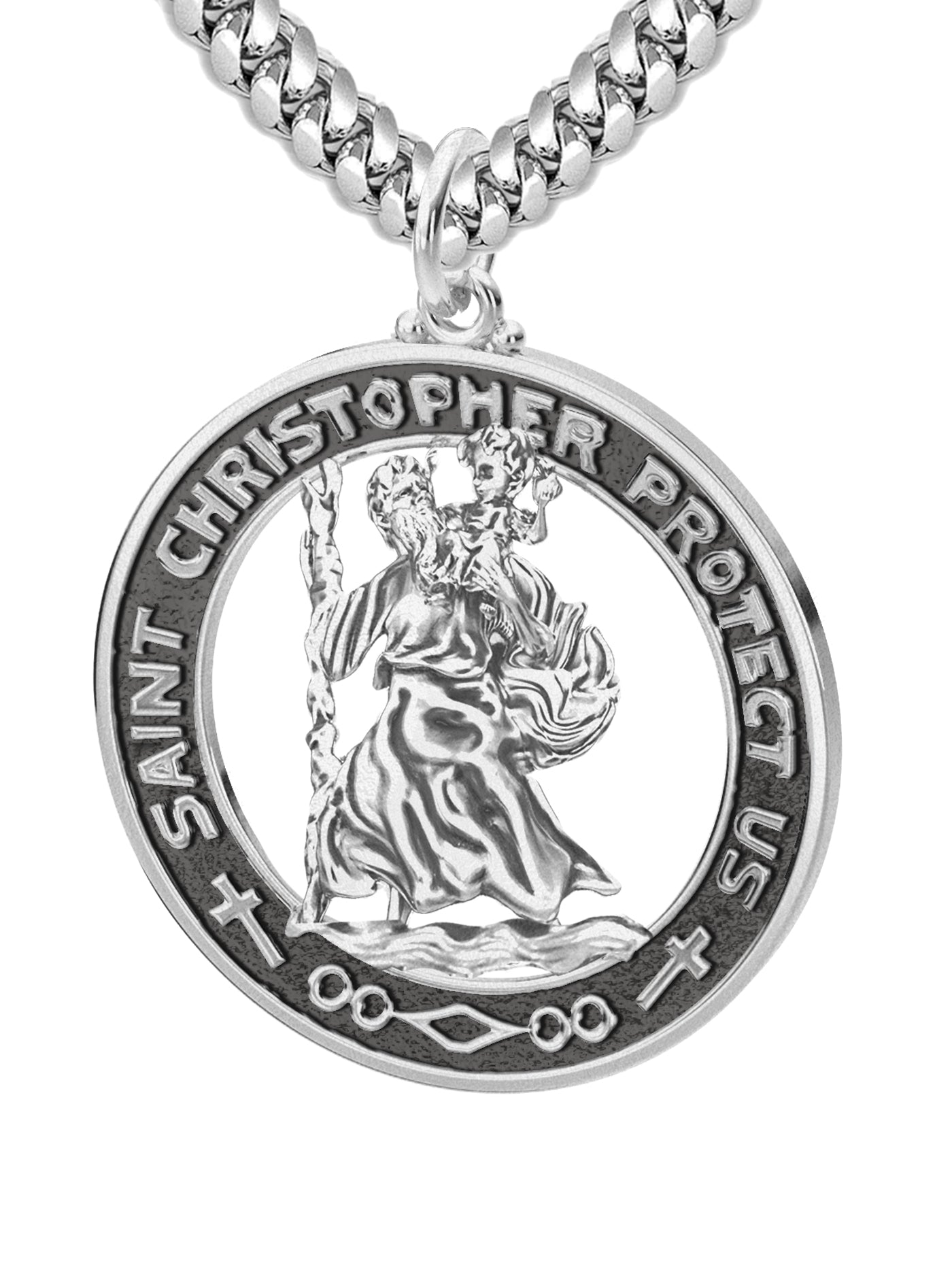 Men's 925 Sterling Silver Saint Christopher Round Antique Pendant Necklace, 28mm - US Jewels