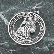 Men's 925 Sterling Silver Saint Christopher Round Antique Pendant Necklace, 28mm - US Jewels