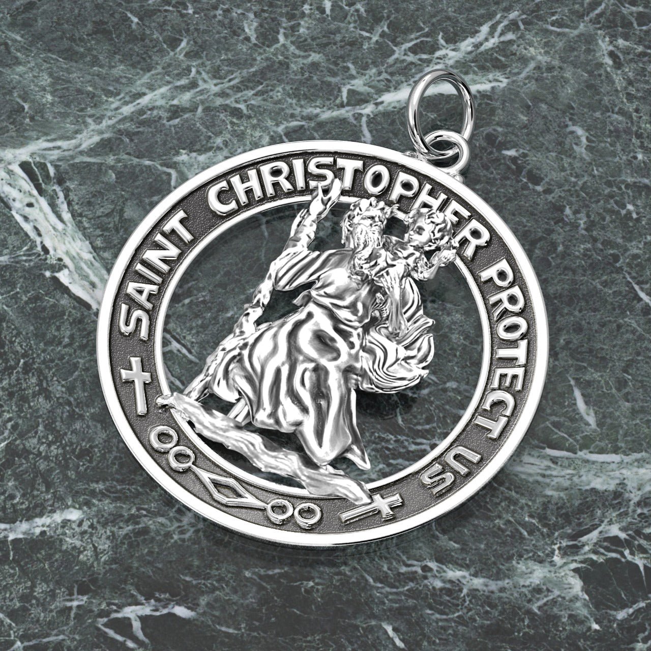 Men's 925 Sterling Silver Saint Christopher Round Antique Pendant Necklace, 28mm - US Jewels