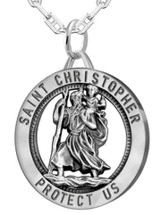 Men's 925 Sterling Silver Saint Christopher Round Antique Pendant Necklace, 32mm - US Jewels