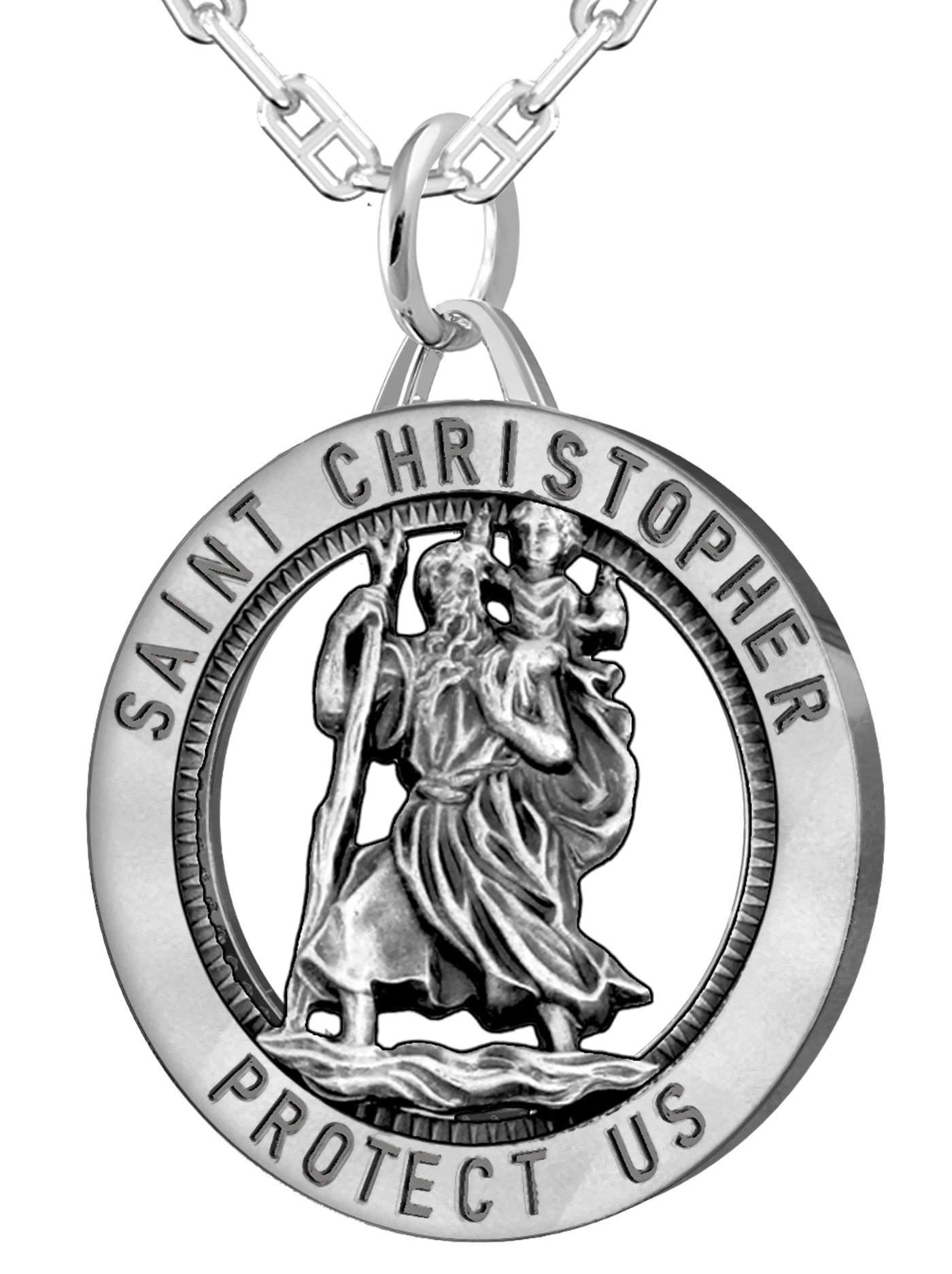 Men's 925 Sterling Silver Saint Christopher Round Antique Pendant Necklace, 32mm - US Jewels