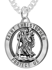 Men's 925 Sterling Silver Saint Christopher Round Antique Pendant Necklace, 32mm - US Jewels