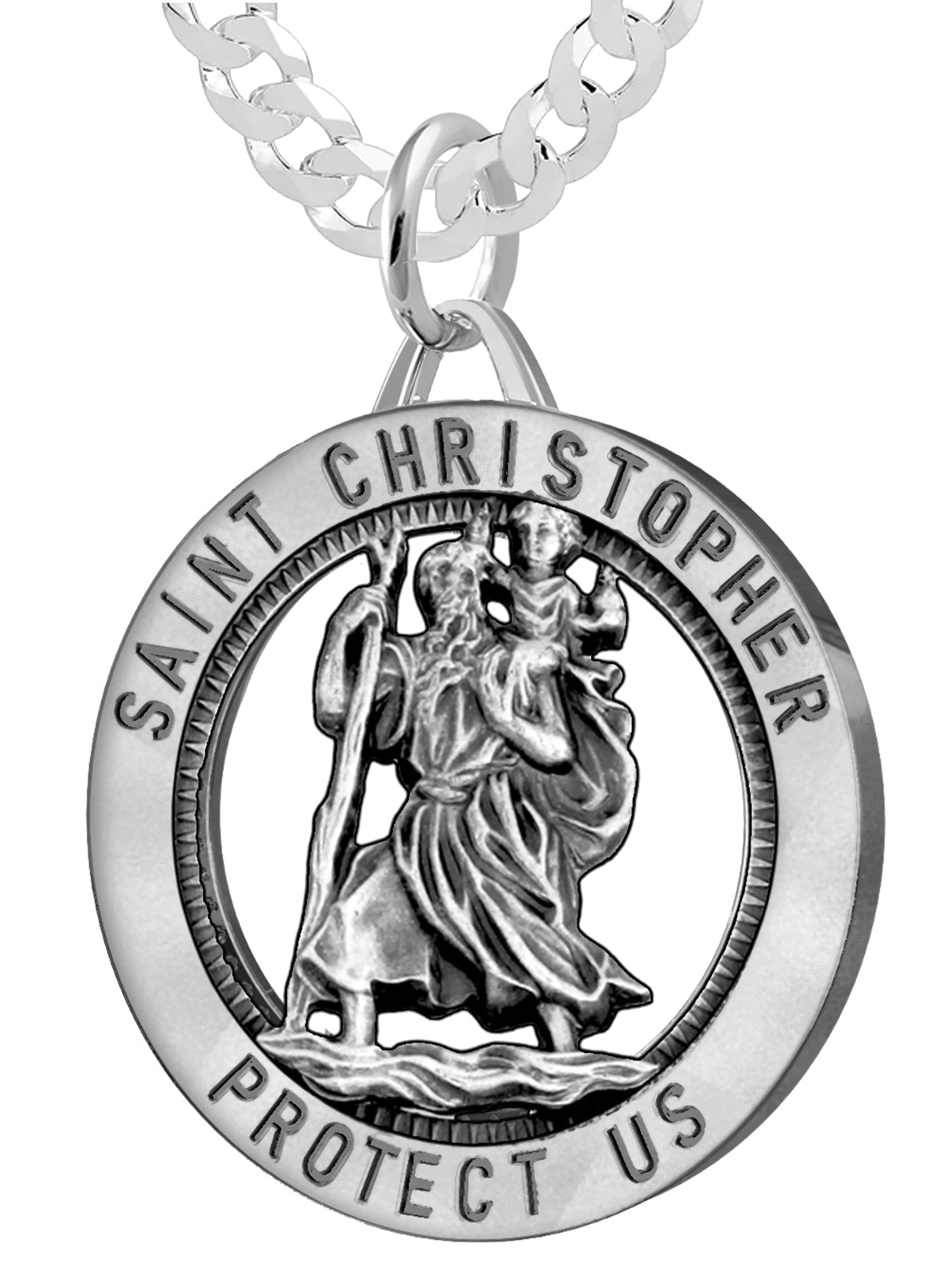 Men's 925 Sterling Silver Saint Christopher Round Antique Pendant Necklace, 32mm - US Jewels