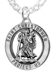 Men's 925 Sterling Silver Saint Christopher Round Antique Pendant Necklace, 32mm - US Jewels
