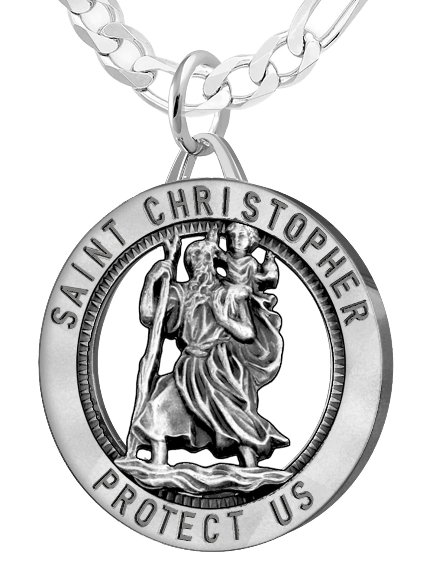 Men's 925 Sterling Silver Saint Christopher Round Antique Pendant Necklace, 32mm - US Jewels
