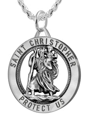 Men's 925 Sterling Silver Saint Christopher Round Antique Pendant Necklace, 32mm - US Jewels