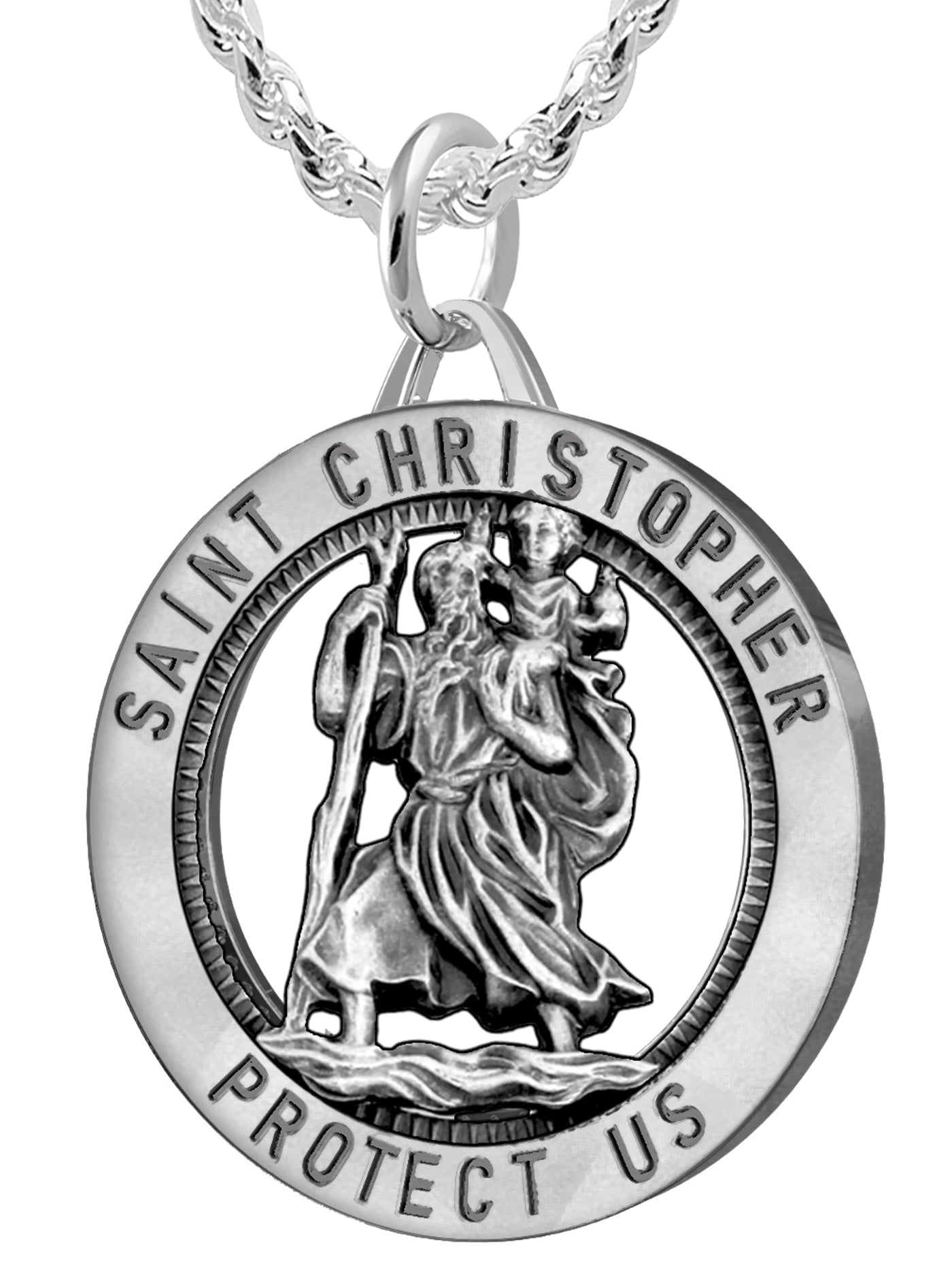 Men's 925 Sterling Silver Saint Christopher Round Antique Pendant Necklace, 32mm - US Jewels