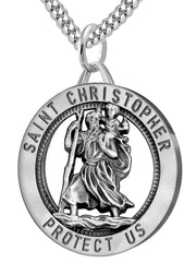 Men's 925 Sterling Silver Saint Christopher Round Antique Pendant Necklace, 32mm - US Jewels