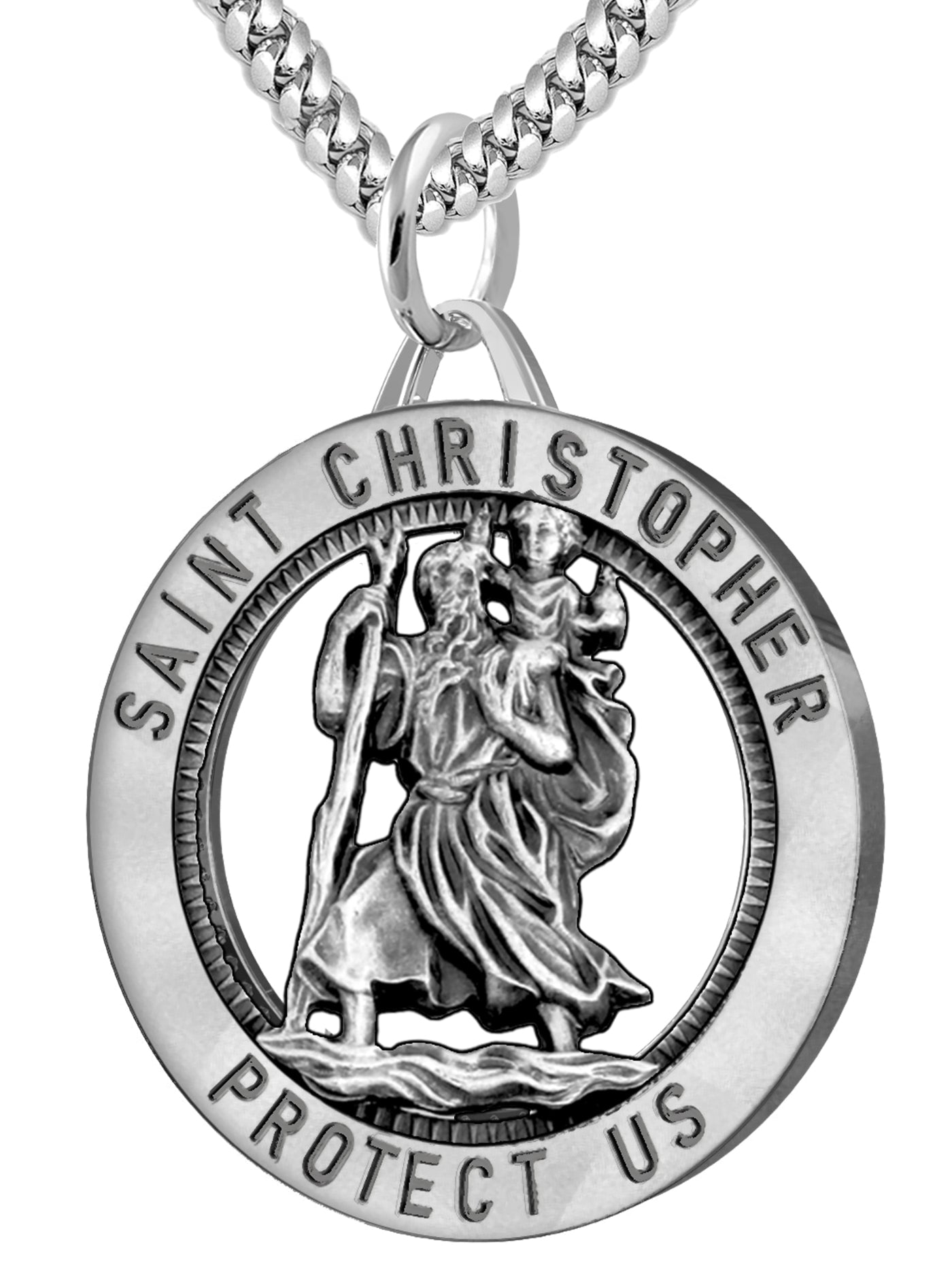 Men's 925 Sterling Silver Saint Christopher Round Antique Pendant Necklace, 32mm - US Jewels