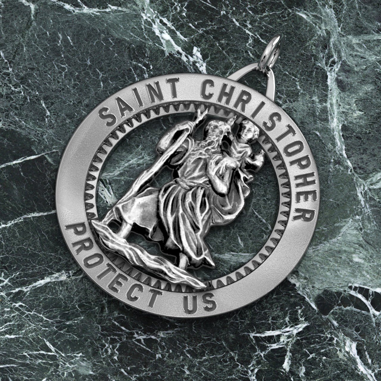 Men's 925 Sterling Silver Saint Christopher Round Antique Pendant Necklace, 32mm - US Jewels
