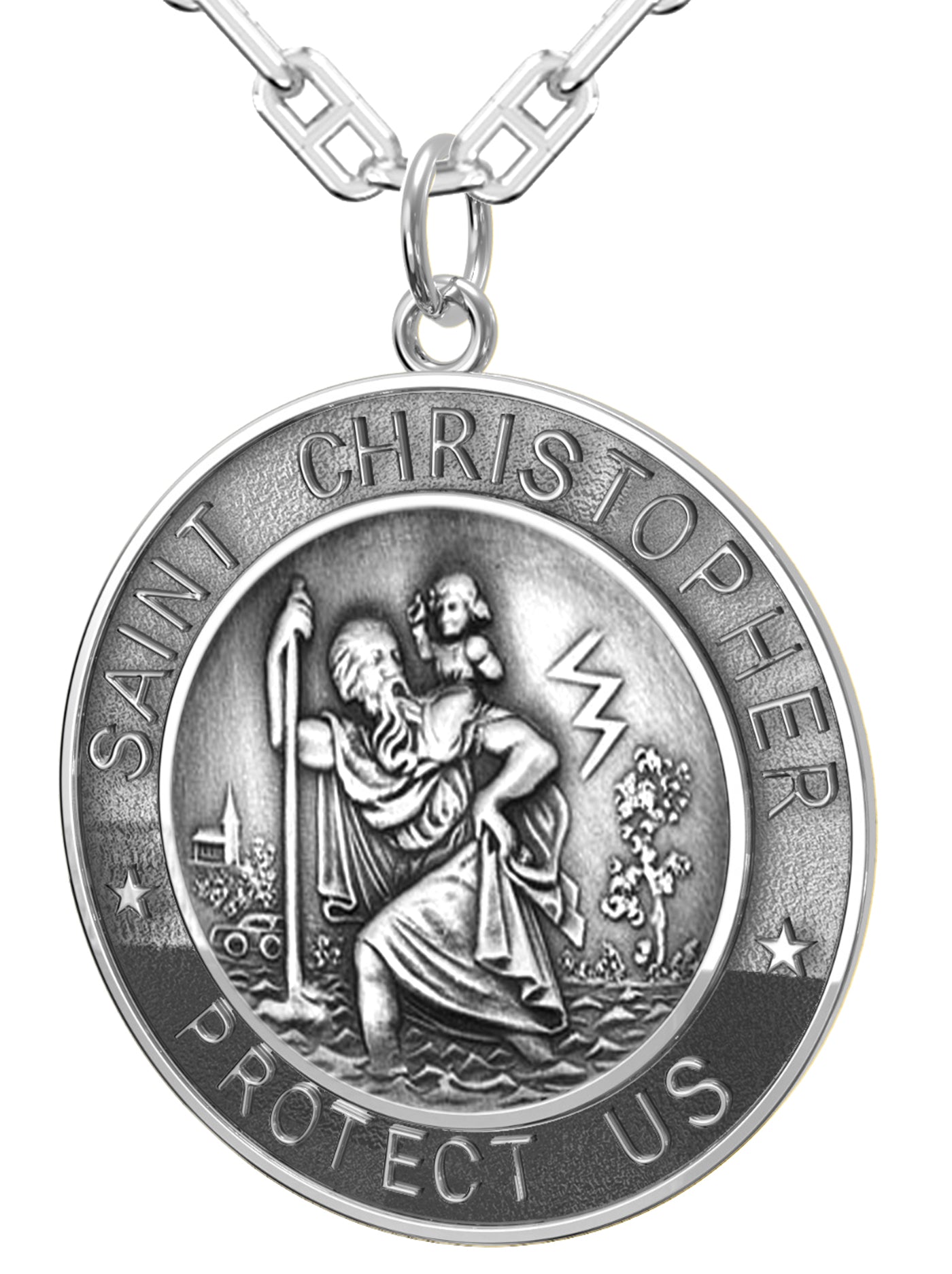 Men's 925 Sterling Silver Saint Christopher Round Antique Pendant Necklace, 33mm - US Jewels