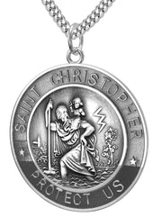 Men's 925 Sterling Silver Saint Christopher Round Antique Pendant Necklace, 33mm - US Jewels