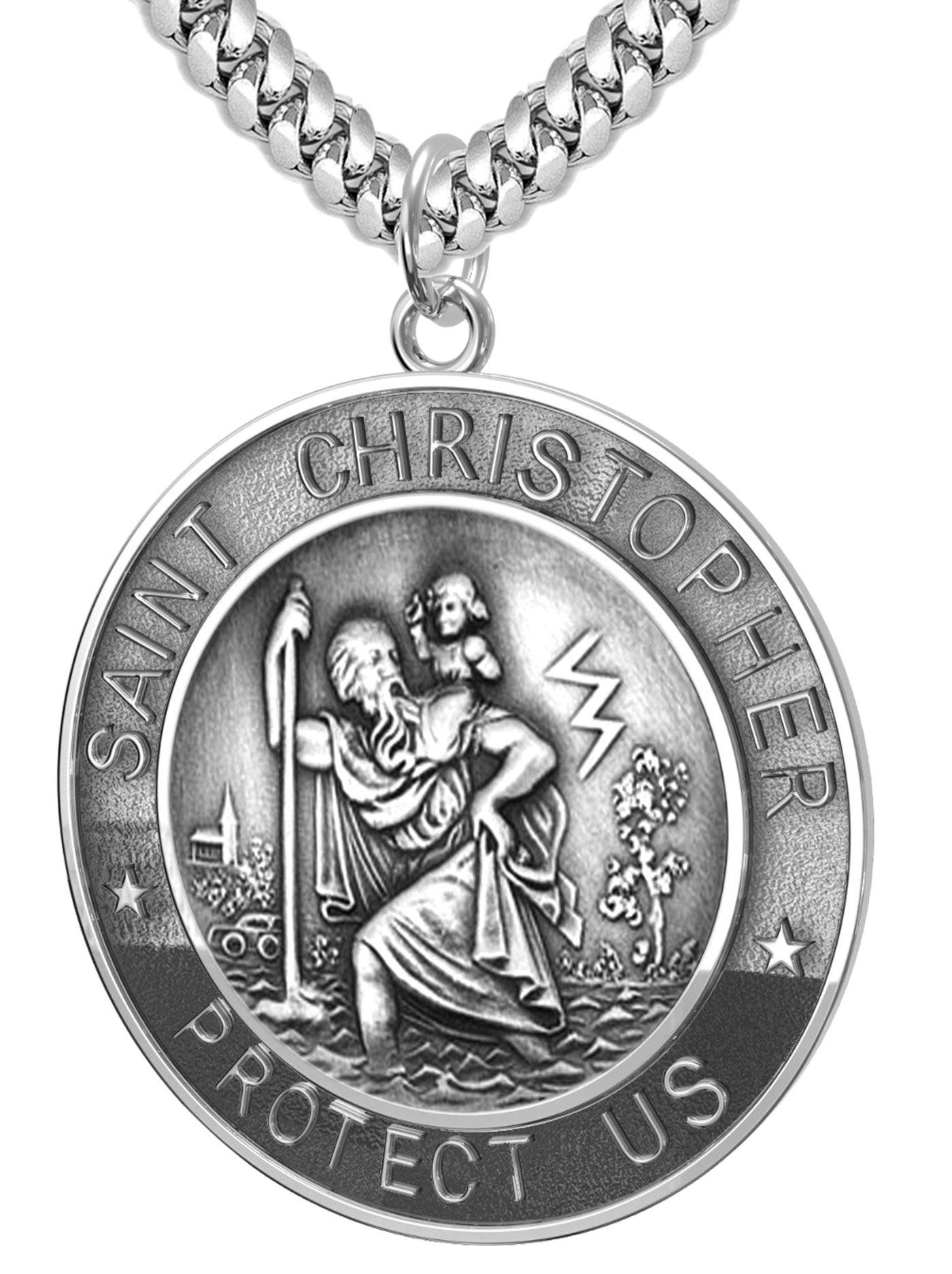 Men's 925 Sterling Silver Saint Christopher Round Antique Pendant Necklace, 33mm - US Jewels