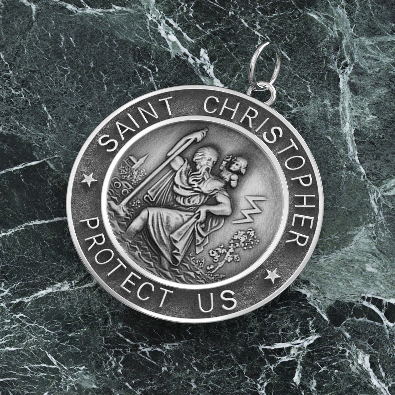 Men's 925 Sterling Silver Saint Christopher Round Antique Pendant Necklace, 33mm - US Jewels