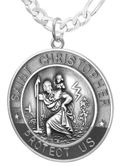 Men's 925 Sterling Silver Saint Christopher Round Antique Pendant Necklace, 33mm - US Jewels