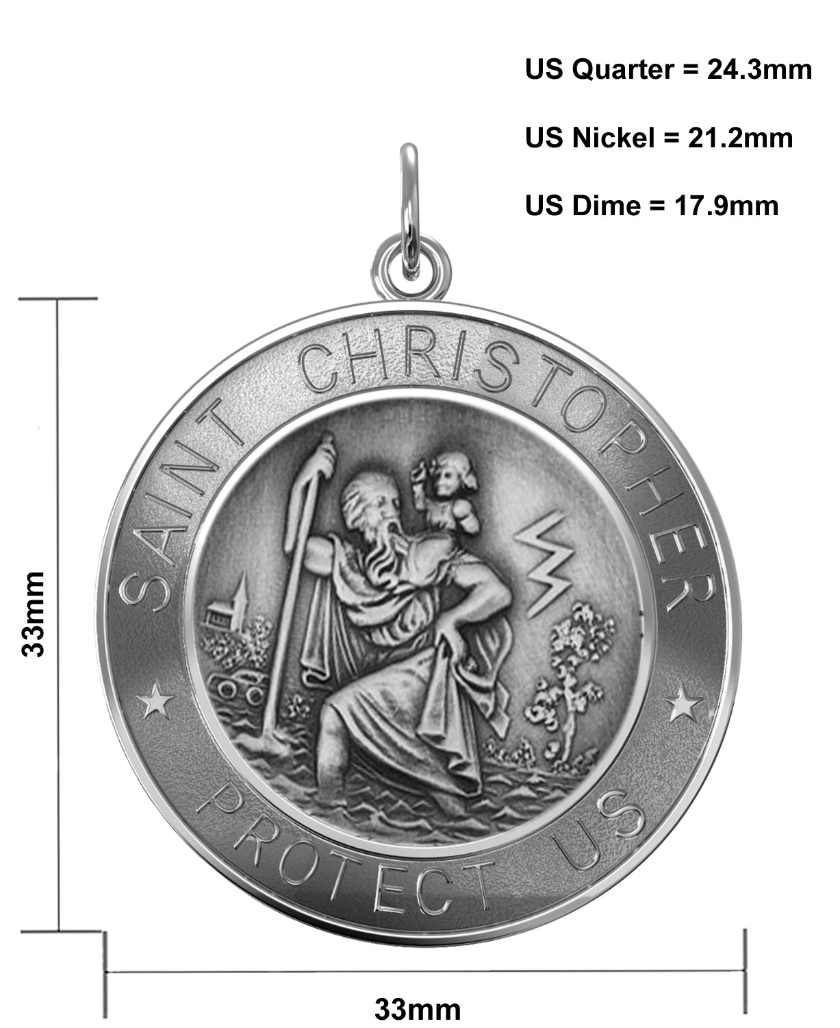 Men's 925 Sterling Silver Saint Christopher Round Antique Pendant Necklace, 33mm - US Jewels