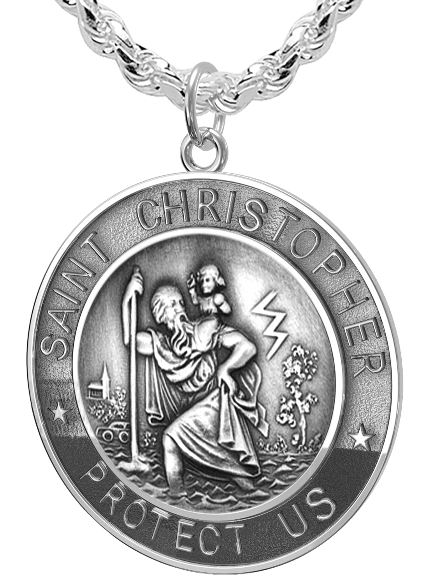 Men's 925 Sterling Silver Saint Christopher Round Antique Pendant Necklace, 33mm - US Jewels