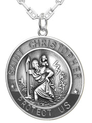 Men's 925 Sterling Silver Saint Christopher Round Antique Pendant Necklace, 33mm - US Jewels