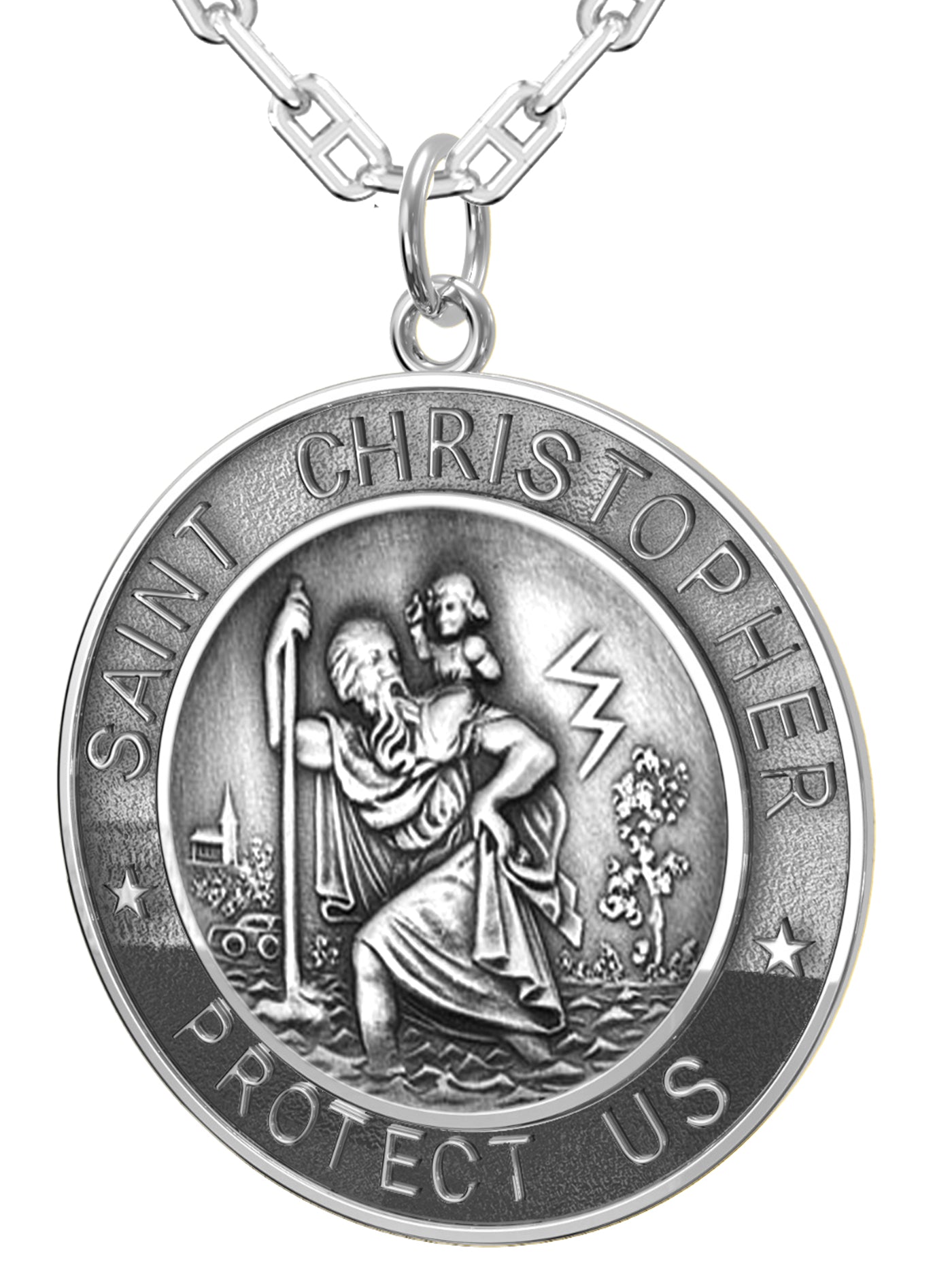 Men's 925 Sterling Silver Saint Christopher Round Antique Pendant Necklace, 33mm - US Jewels