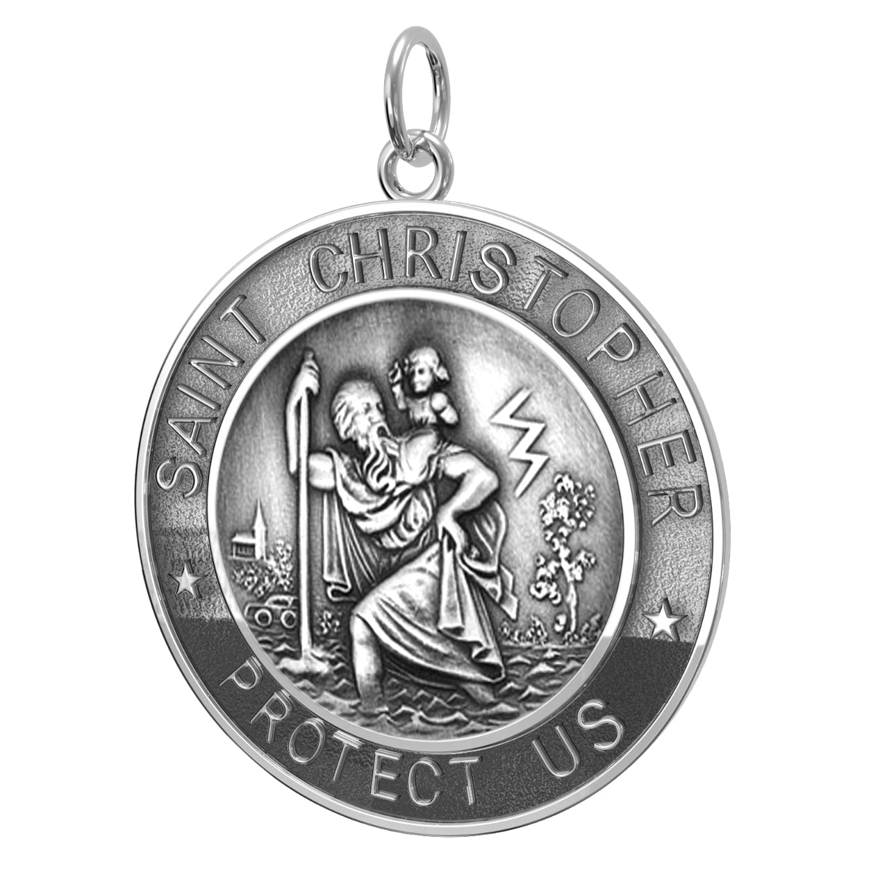 Men's 925 Sterling Silver Saint Christopher Round Antique Pendant Necklace, 33mm - US Jewels