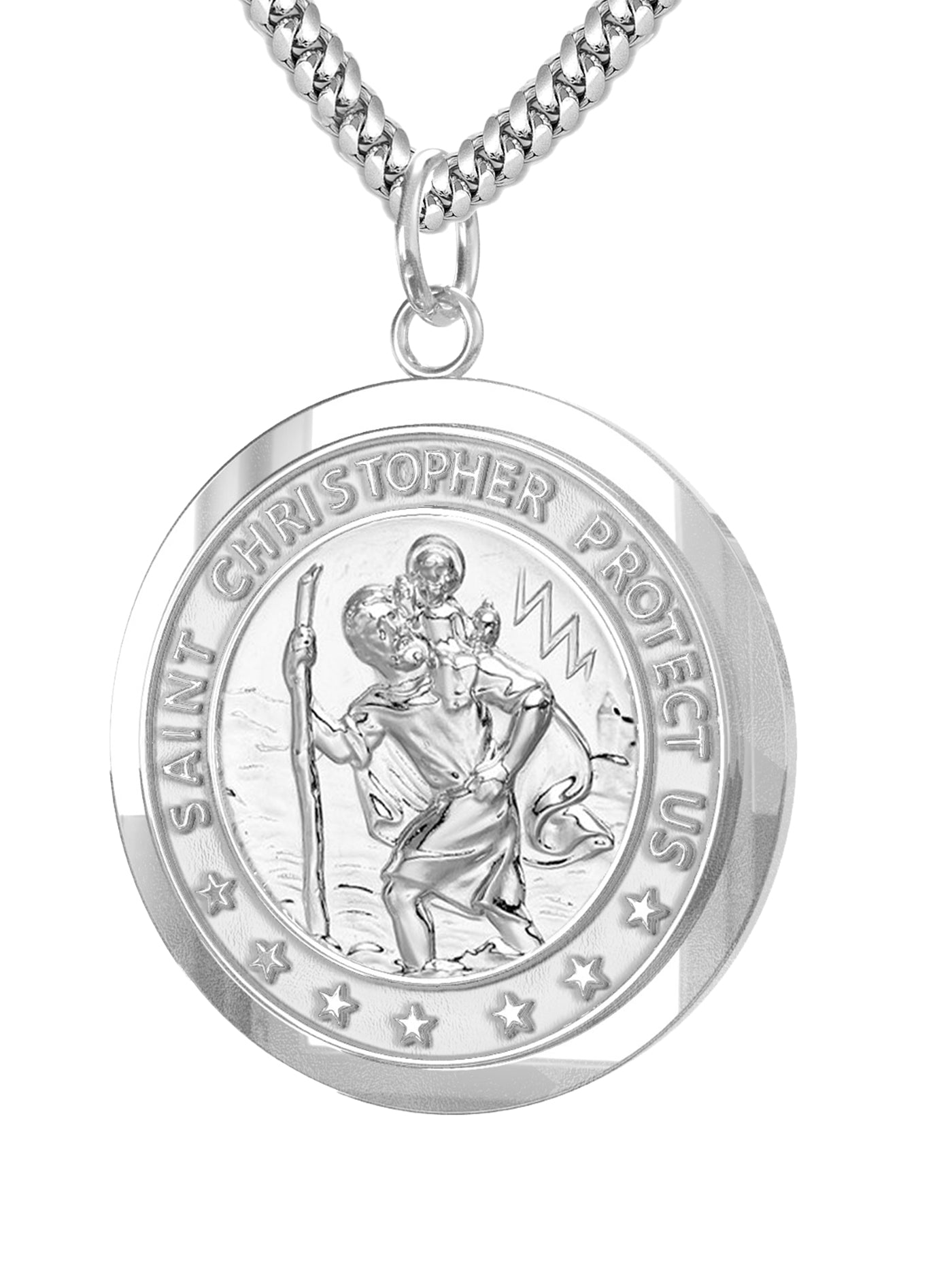 Men's 925 Sterling Silver Saint Christopher Round Polished Pendant Necklace, 25mm - US Jewels