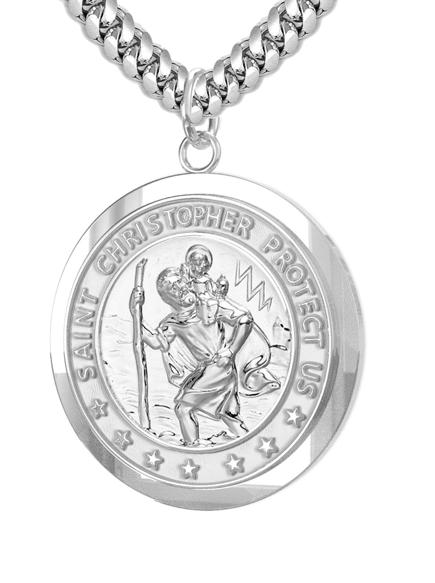 Men's 925 Sterling Silver Saint Christopher Round Polished Pendant Necklace, 25mm - US Jewels