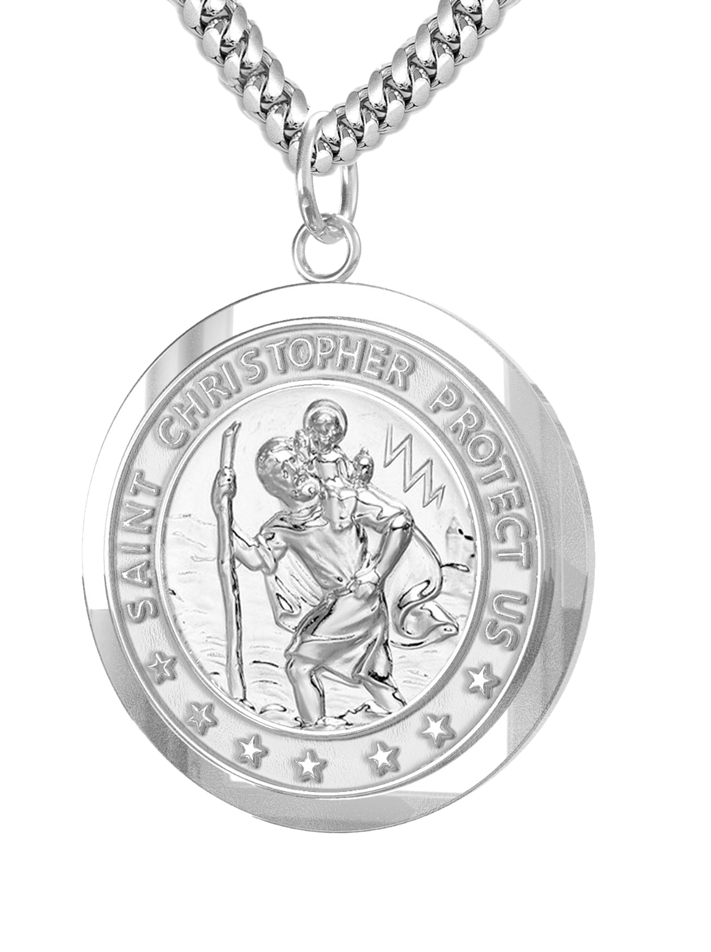 Men's 925 Sterling Silver Saint Christopher Round Polished Pendant Necklace, 25mm - US Jewels