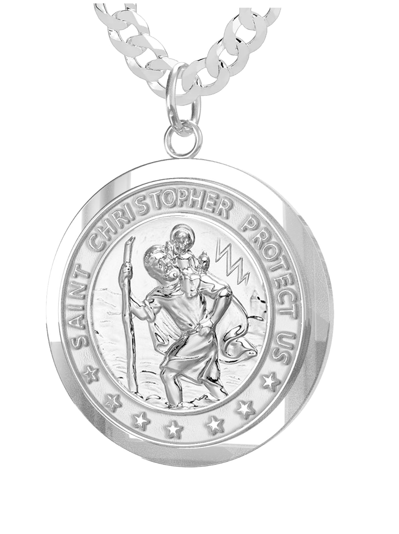 Men's 925 Sterling Silver Saint Christopher Round Polished Pendant Necklace, 25mm - US Jewels