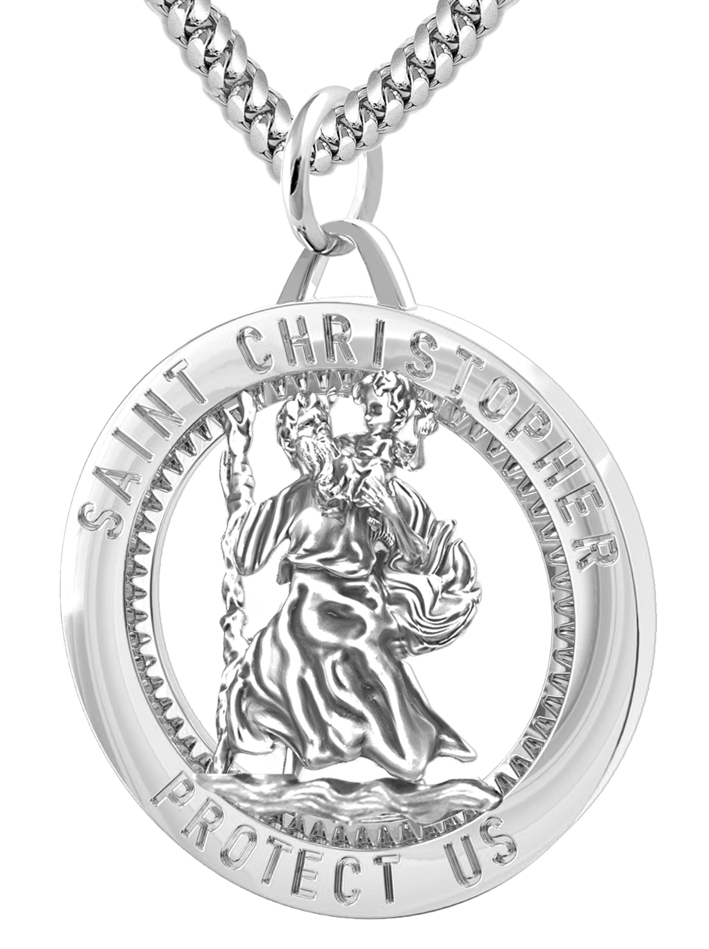 Men's 925 Sterling Silver Saint Christopher Round Polished Pendant Necklace, 32mm - US Jewels