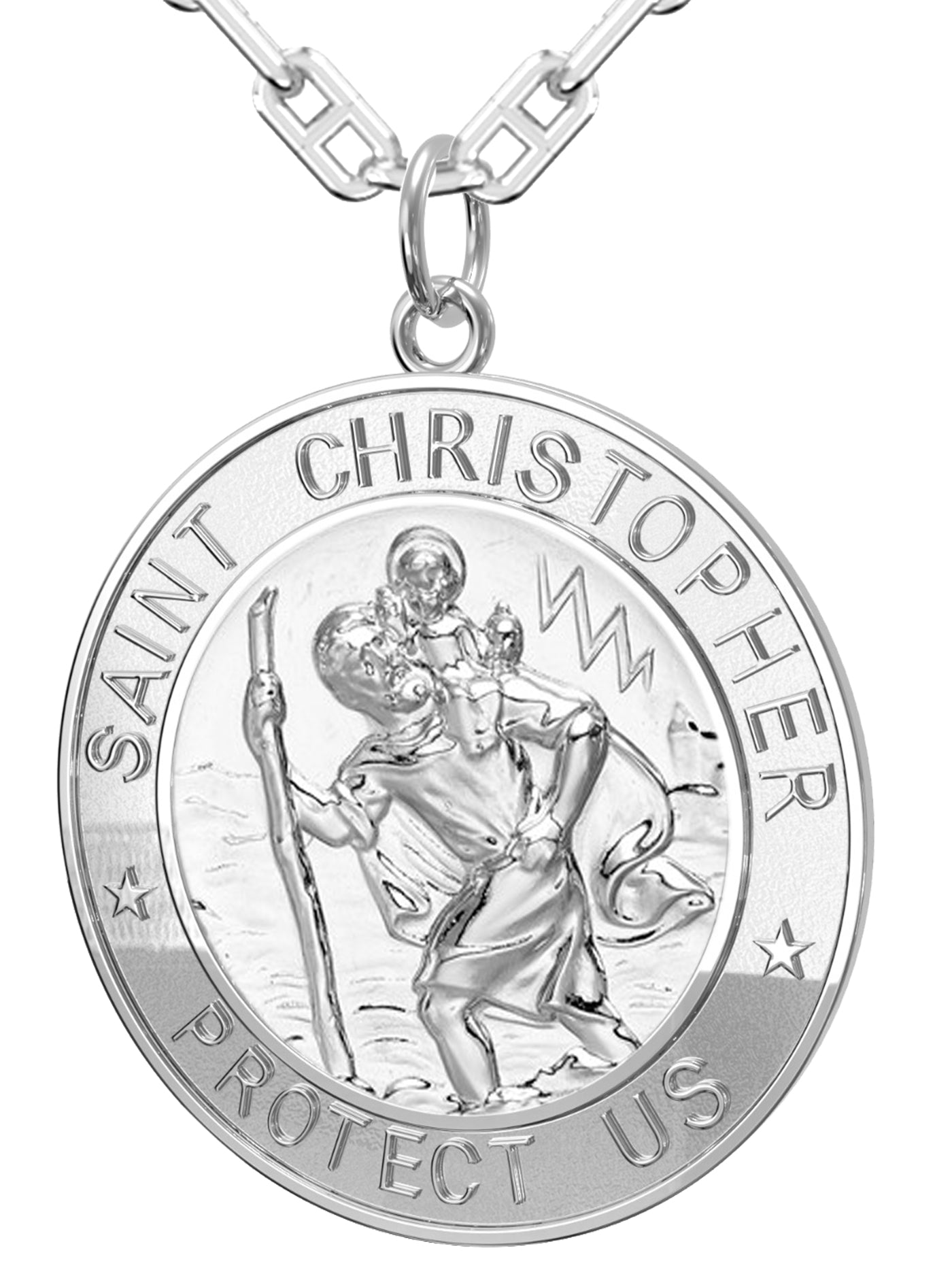 Men's 925 Sterling Silver Saint Christopher Round Polished Pendant Necklace, 33mm - US Jewels