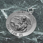 Men's Antique 925 Sterling Silver Saint Michael Round Pendant Necklace, 25mm - US Jewels