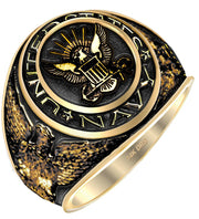 Men's Antiqued 14k or 10k Yellow or White Gold United States Navy Military Solid Back Ring - US Jewels
