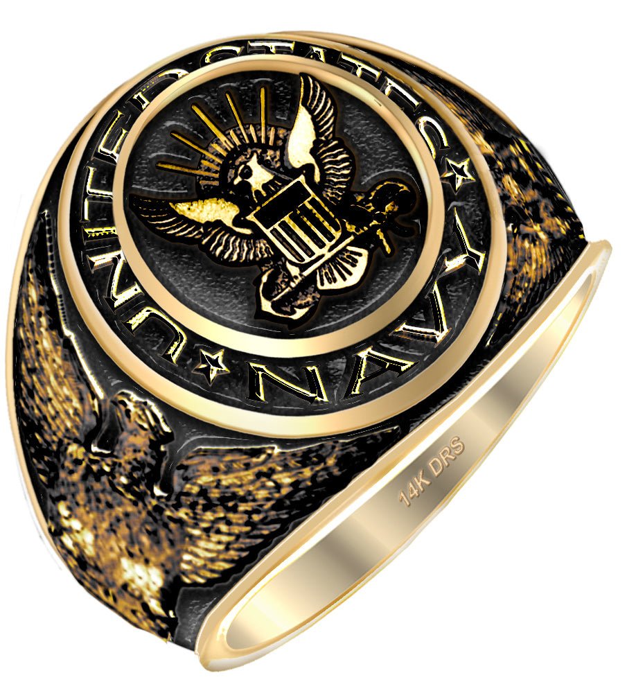 Men's Antiqued 14k or 10k Yellow or White Gold United States Navy Military Solid Back Ring - US Jewels