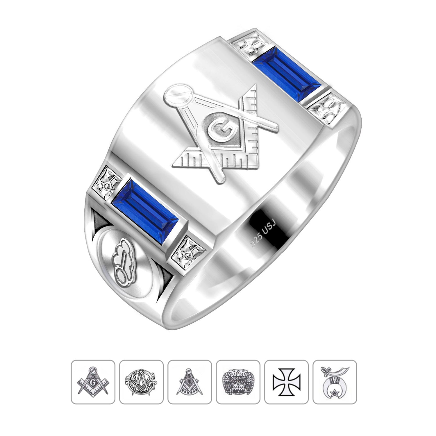 Men's Customizable 925 Sterling Silver Masonic Solid Back Ring - US Jewels