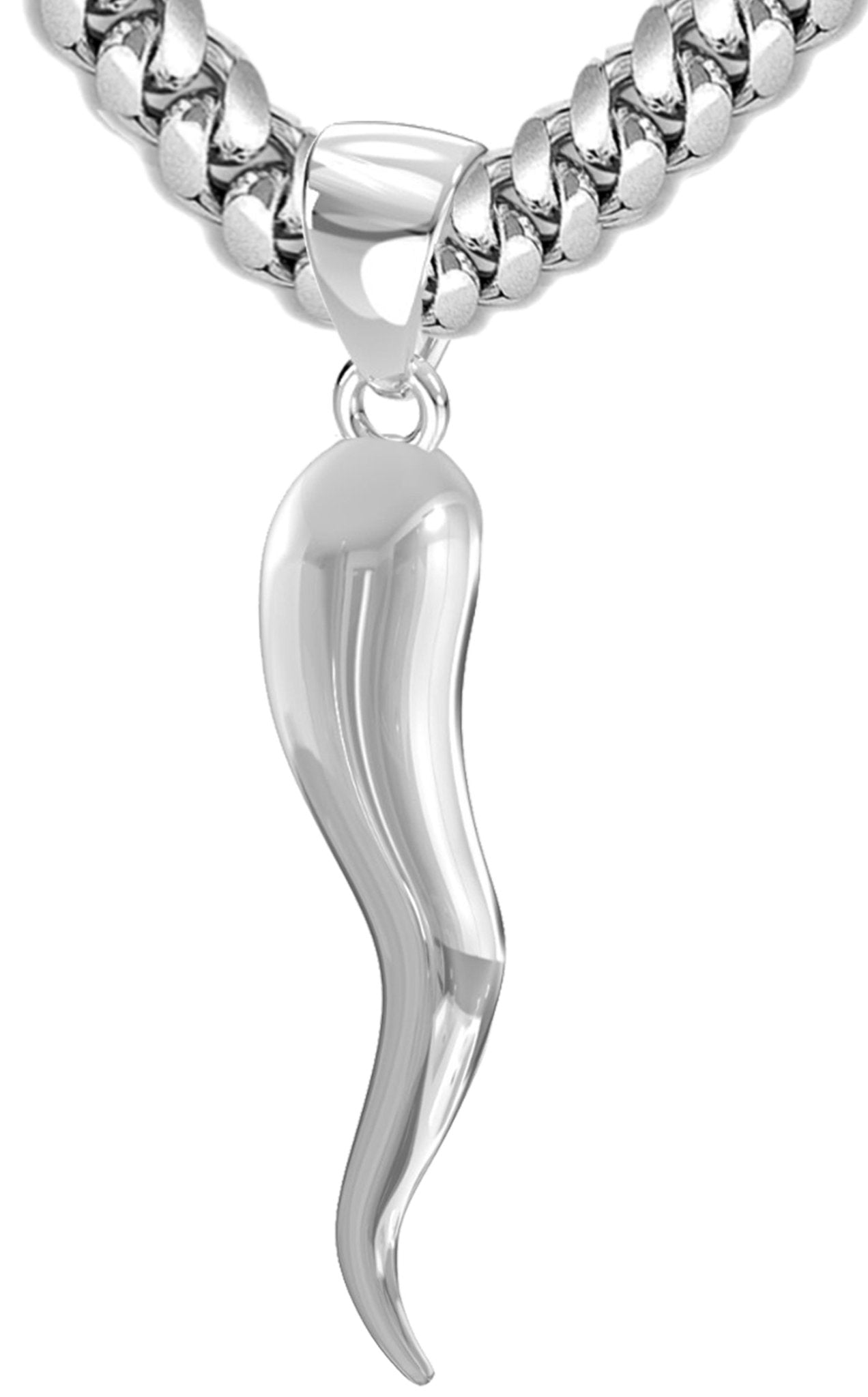 Men's Extra Large Solid Sterling Silver Italian Horn Cornicello Pendant Necklace, 50mm - US Jewels