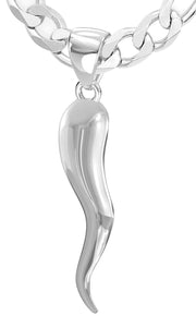 Men's Extra Large Solid Sterling Silver Italian Horn Cornicello Pendant Necklace, 50mm - US Jewels