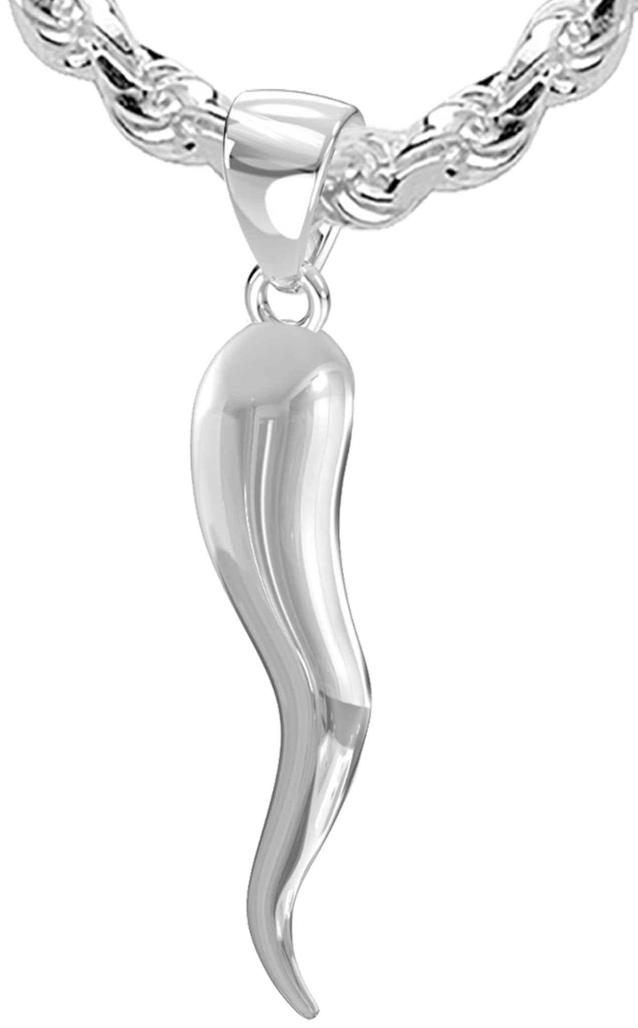 Men's Extra Large Solid Sterling Silver Italian Horn Cornicello Pendant Necklace, 50mm - US Jewels
