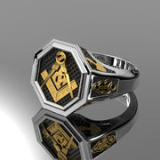 Men's Heavy 925 Sterling Silver & 14K Yellow Gold Master Mason Octagon Ring - US Jewels