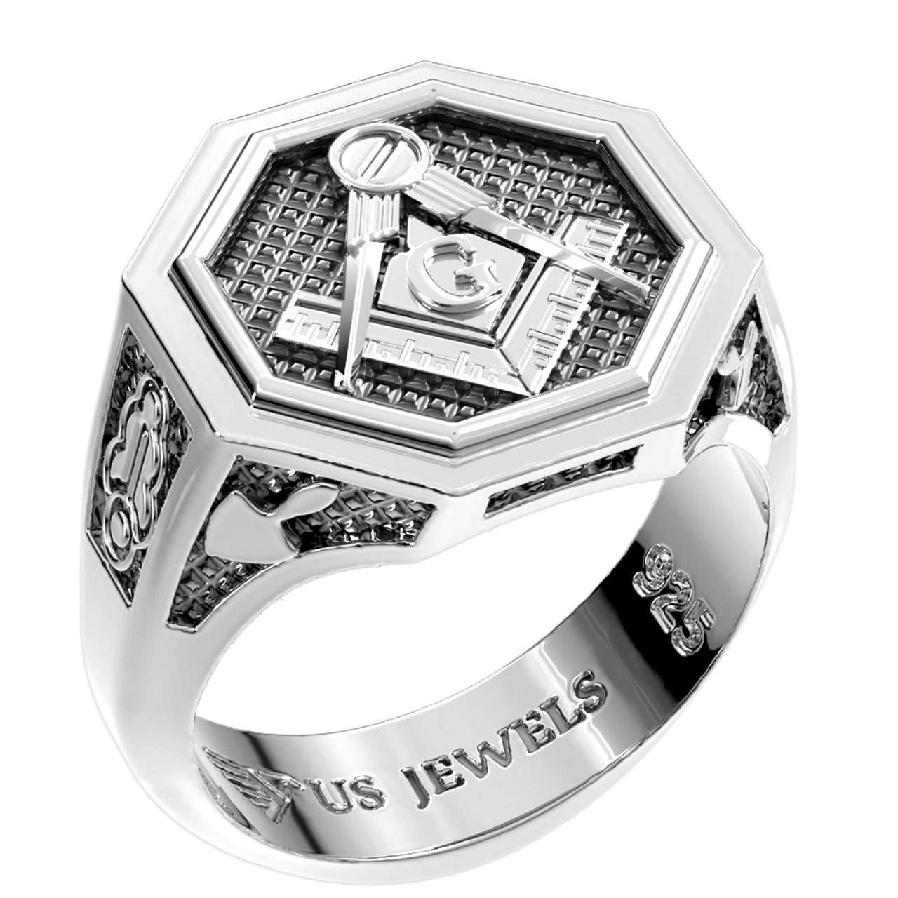 Real Solid 925 Silver Mens Freemason Masonic Ring - Main Image
