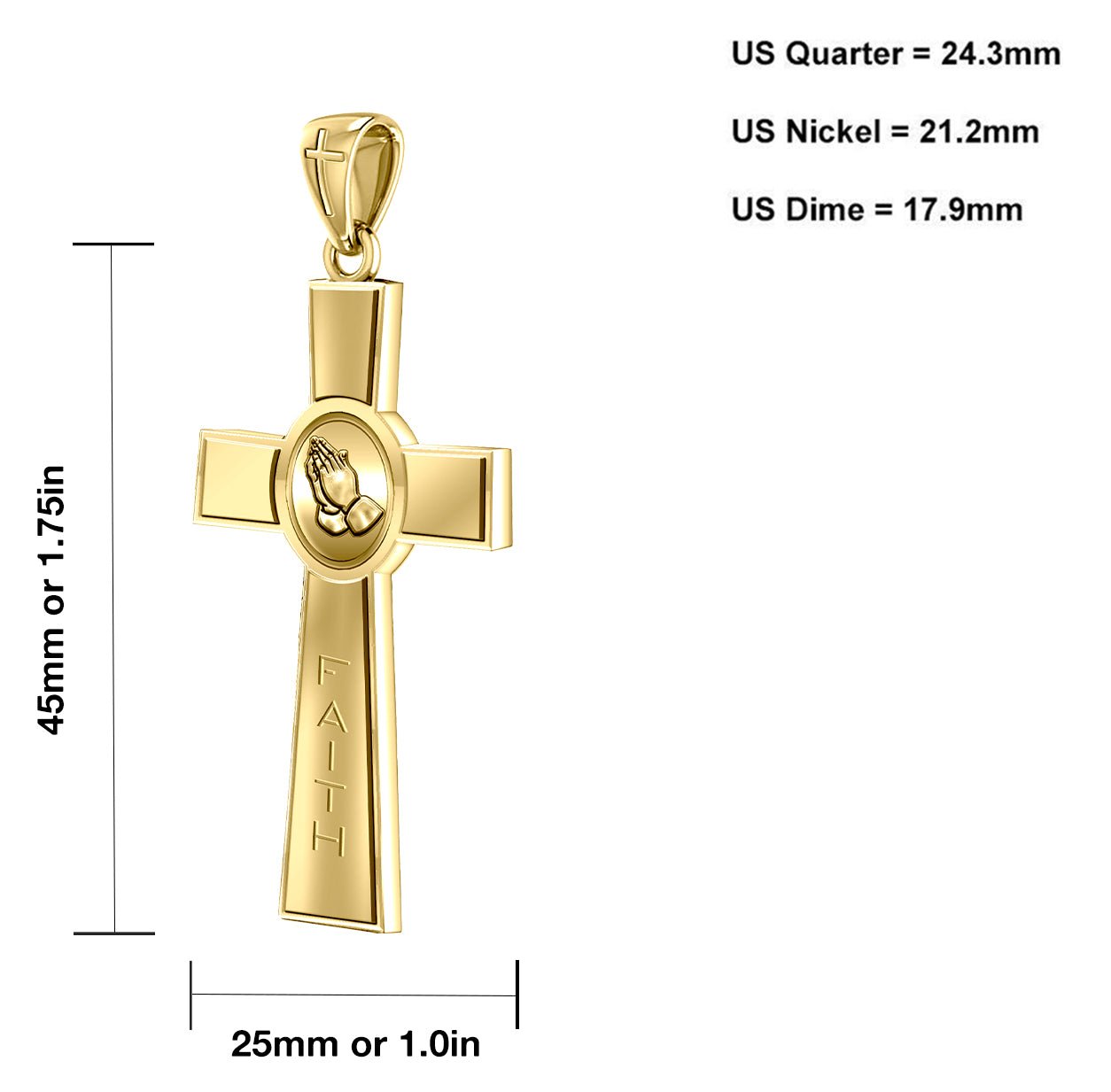 Men's Heavy Solid 14k Yellow Prayer Faith Cross Pendant Necklace, Polished Finish 45mm - US Jewels