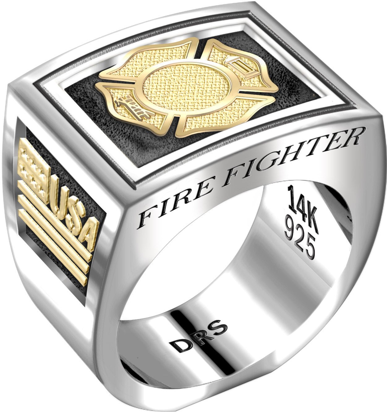 Men's Heavy Two Tone 925 Sterling Silver and 14k Yellow Gold Fire Fighter Ring Band - US Jewels
