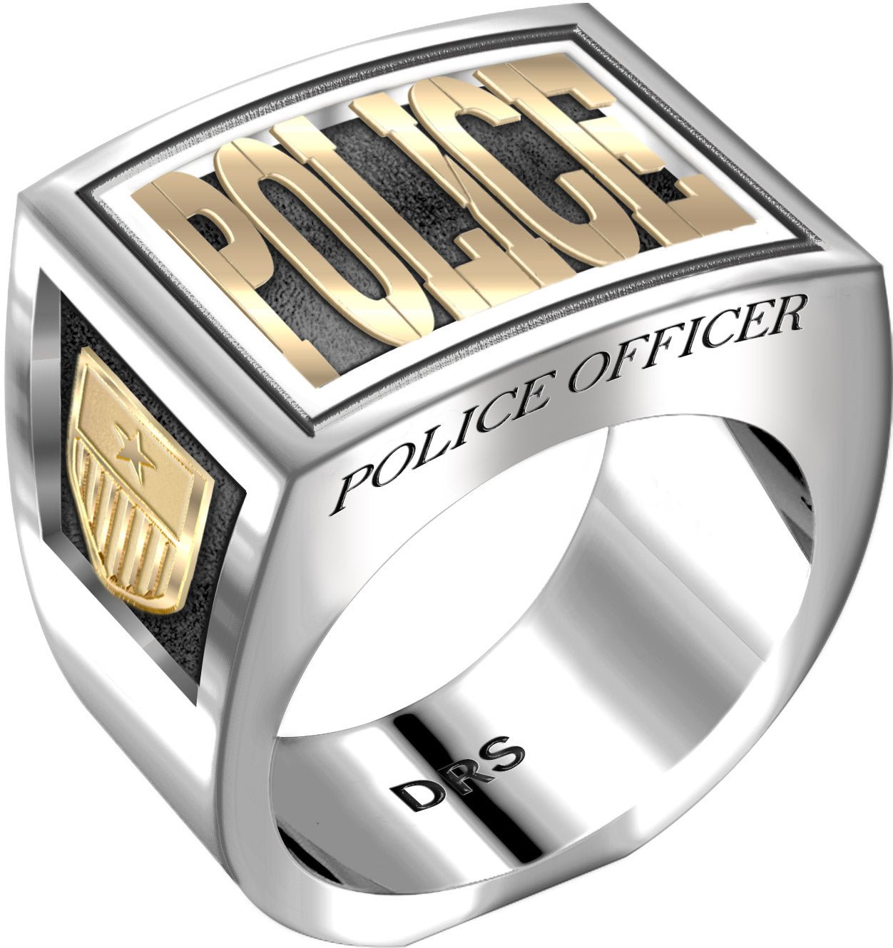 Men's Heavy Two Tone 925 Sterling Silver and 14k Yellow Gold Police Officer Ring Band - US Jewels